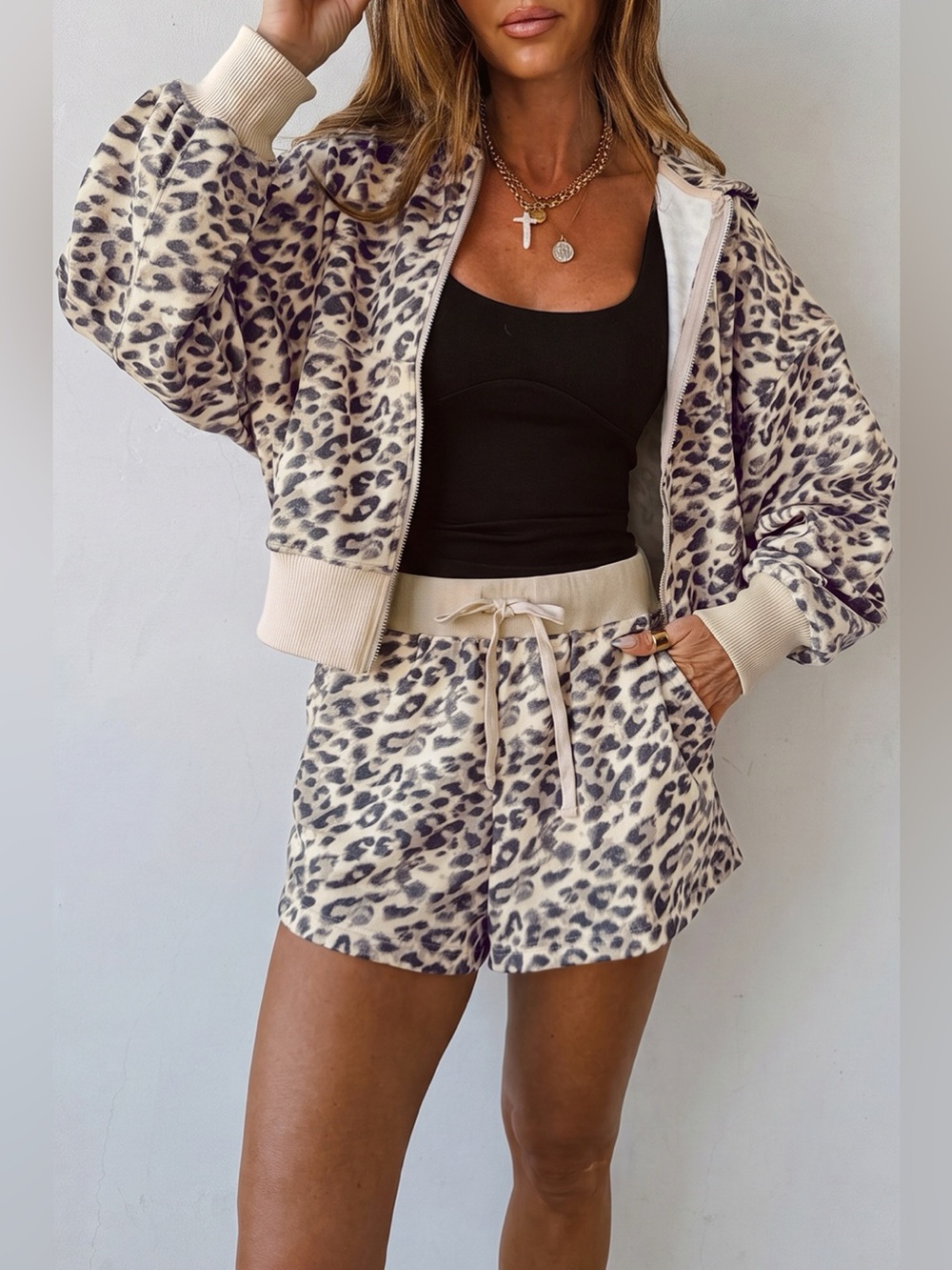 Leopard Print Zip-Up Hoodie and Shorts Set